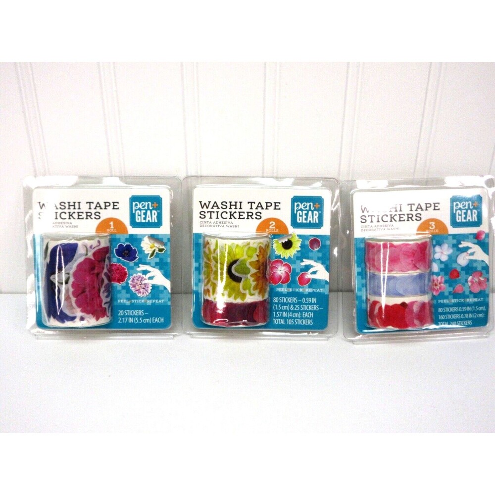 Lot of 3 Floral Rolled Washi Stickers Tape Craft Tape Flowers Petals Pen + Gear